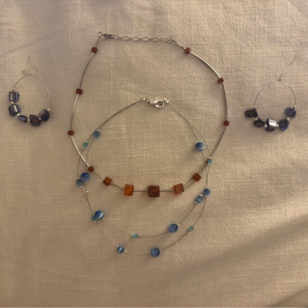 Blue and Amber Beaded Multi-Strand Necklace and Earrings Set